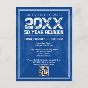 50 Year High School Reunion Retro Blue Varsity QR Postcard