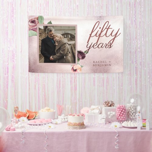 50 Year Wedding Anniversary Rose Gold Floral Banner