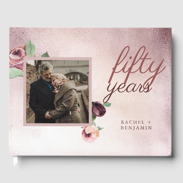 50 Year Wedding Anniversary Rose Gold Floral Guest Book (Front)