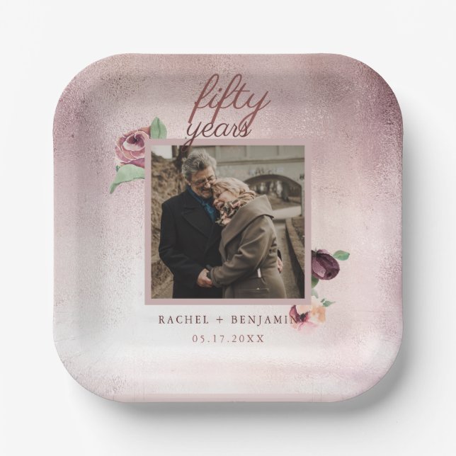 50 Year Wedding Anniversary Rose Gold Floral Paper Plates (Front)