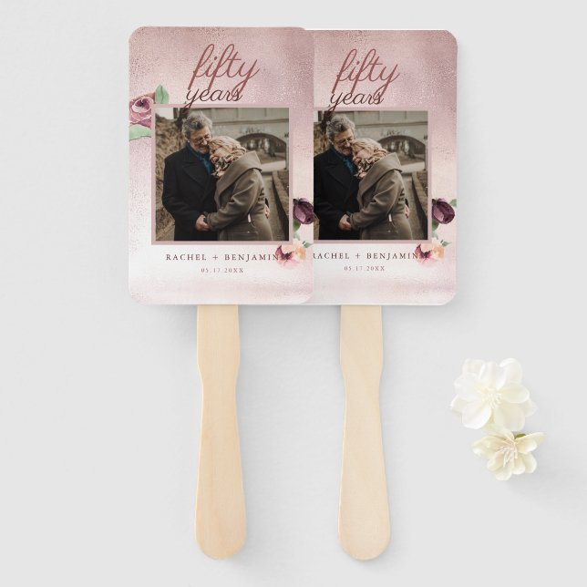 50 Year Wedding Anniversary Rose Gold Glitter  Hand Fan (Front and Back)