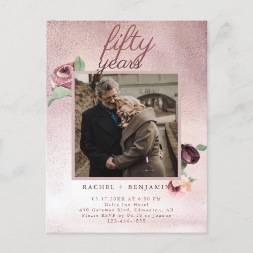 50 Year Wedding Anniversary Rose Gold Glitter Inv Postcard | Zazzle