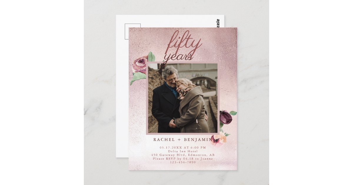 50 Year Wedding Anniversary Rose Gold Glitter Inv Postcard | Zazzle