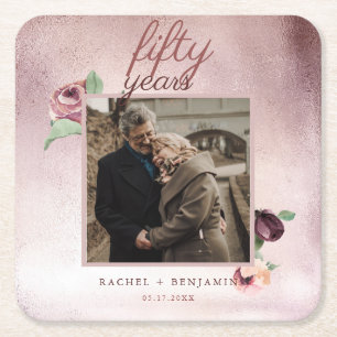 50 Year Wedding Anniversary Rose Gold Glitter  Square Paper Coaster