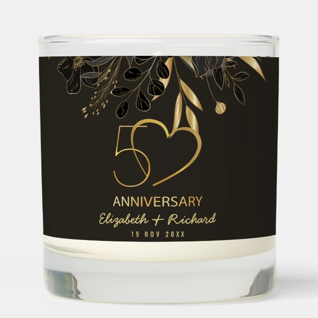 50 Years Anniversary Wife Gift Black Gold Floral Scented Candle (Front)