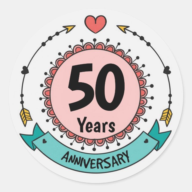 50 Years Anniversary with Hearts and Arrows Classic Round Sticker (Front)