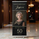 50 Years Birthday Black & Gold Photo Retractable Banner<br><div class="desc">Celebrate 50 years in glamorous style with this black and gold retractable banner. Featuring customizable text and space for a personal photo, this luxe design is perfect as a welcome sign, party display, or photo backdrop. The bold black background paired with shimmering gold script creates a sophisticated, modern look—ideal for...</div>