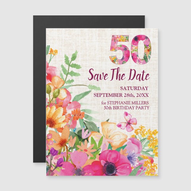 50 Years Floral Linen 50th Birthday Save the Date Magnetic Invitation (Front/Back)