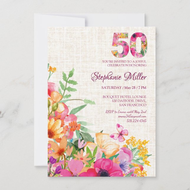 50 Years Flowers Floral Linen 50th Birthday Invitation (Front)