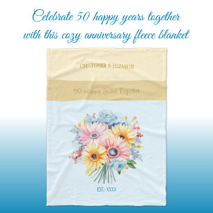 50 years gold anniversary flowers blue fleece blanket