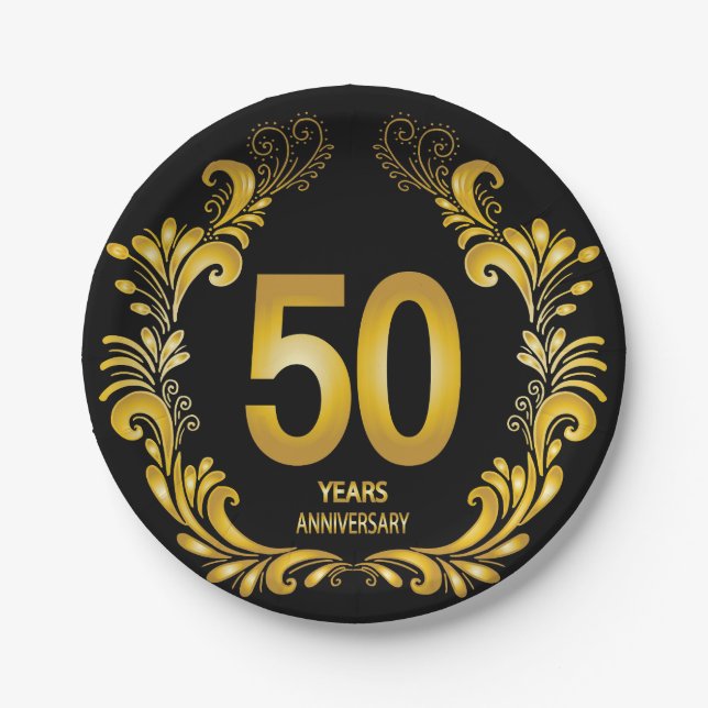 50 Years Gold Glitter Anniversary Paper Plates (Front)
