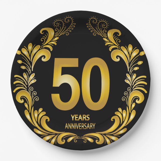 50 Years Gold Glitter Anniversary Paper Plates (Front)
