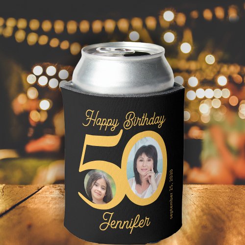 50 years Happy Birthday gold black 2 photos name Can Cooler