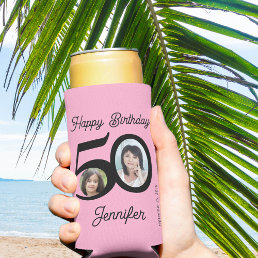 50 years Happy Birthday pink black 2 photos name Seltzer Can Cooler