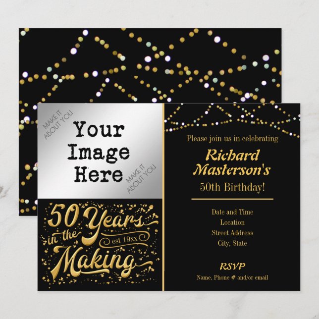 50 Years in the Making 50th Birthday Black & Gold Invitation (Front/Back)