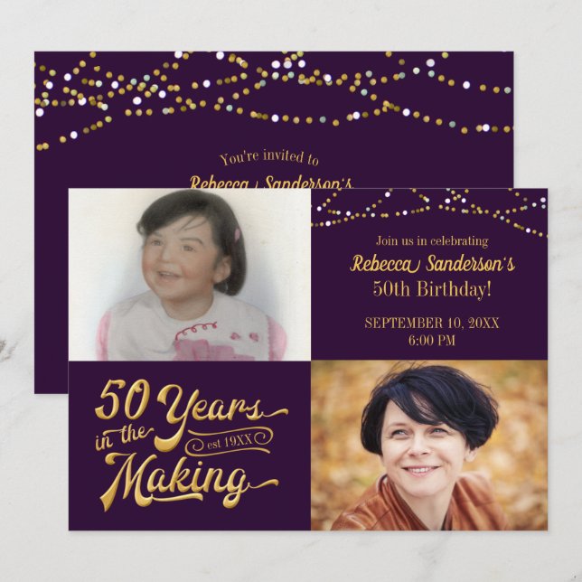 50 YEARS IN THE MAKING Birthday Then & Now Pics Invitation (Front/Back)