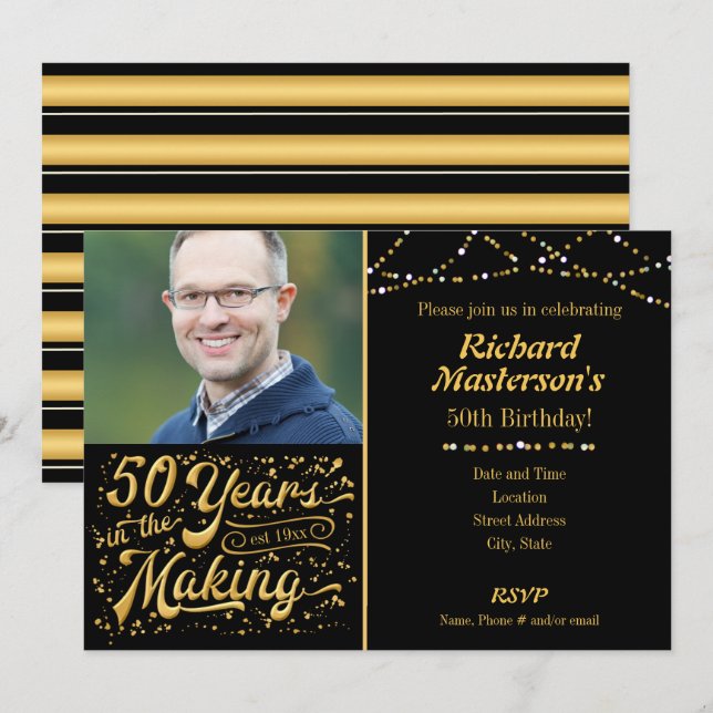 50 Years in the Making Black & Gold Birthday Invitation (Front/Back)