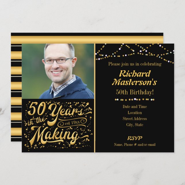 50 Years in the Making Black & Gold Birthday Invitation (Front/Back)