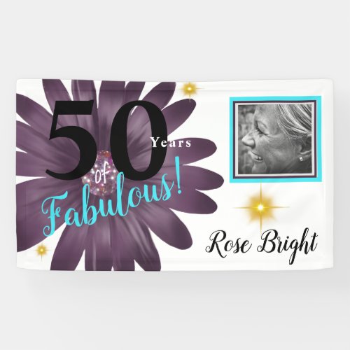 50 years of Fabulous  purple daisy on white Banner