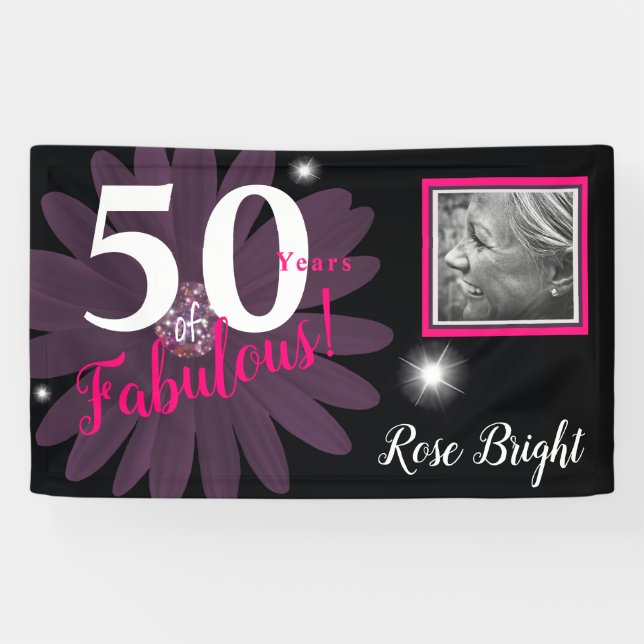 50 years of Fabulous, Sparkly purple daisy Banner (Horizontal)