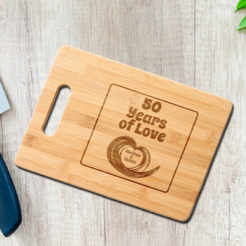 50 Years of Love with Names in Fractal Heart Swirl Cutting Board