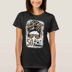 50 Years Old Fabulous Messy Bun Afro Leopard 50th T-Shirt