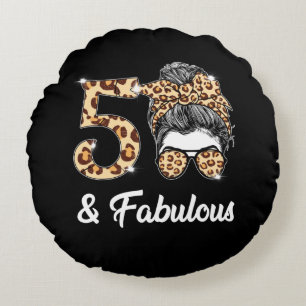 50 Years Old Fabulous Messy Bun Leopard 50th Birth Round Pillow