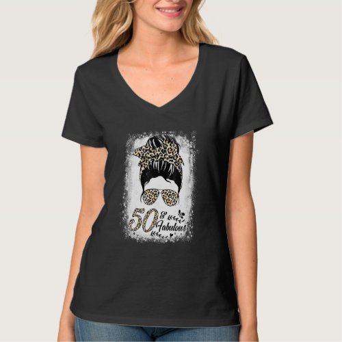 50 Years Old Fabulous Messy Bun Leopard 50th Birth T_Shirt