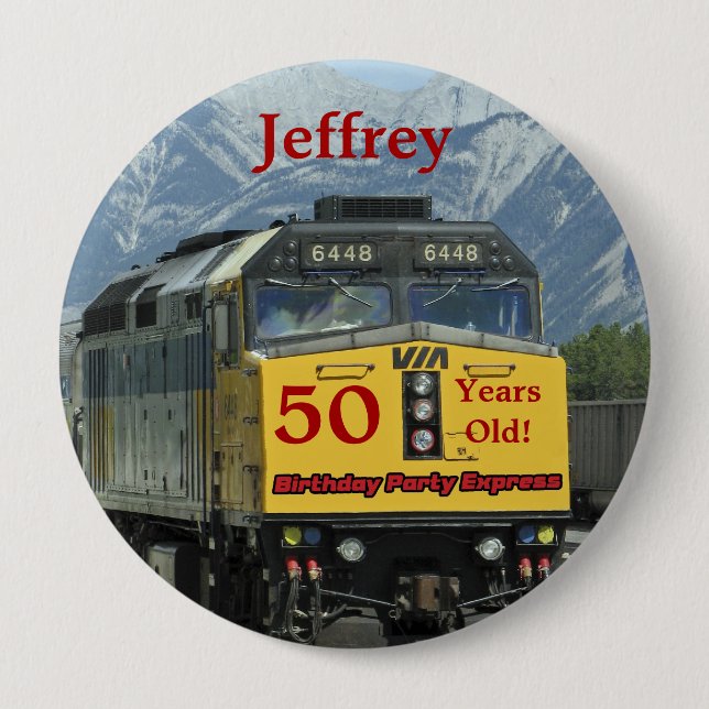 50 Years Old, Railroad Train Birthday Button Pin (Front)
