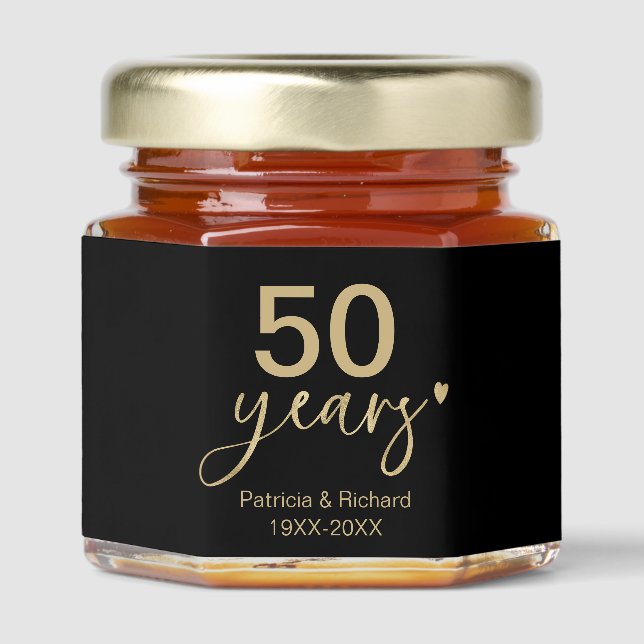 50 Years Wedding Anniversary Black Gold Honey Jar Favors (Front)