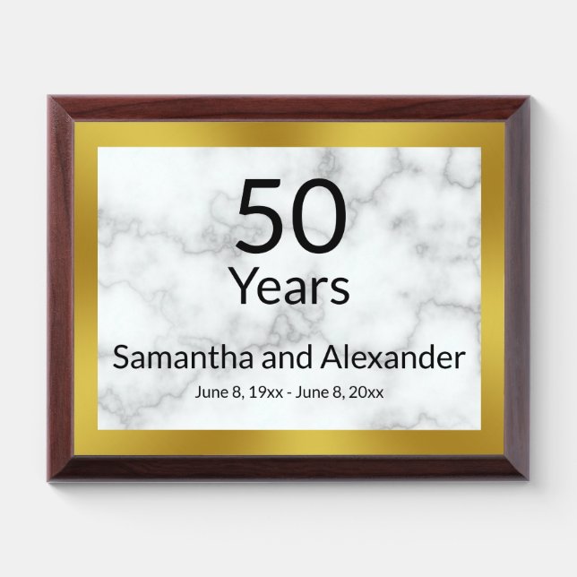 50 Years Wedding Anniversary Faux White Marble Award Plaque (Horizontal)