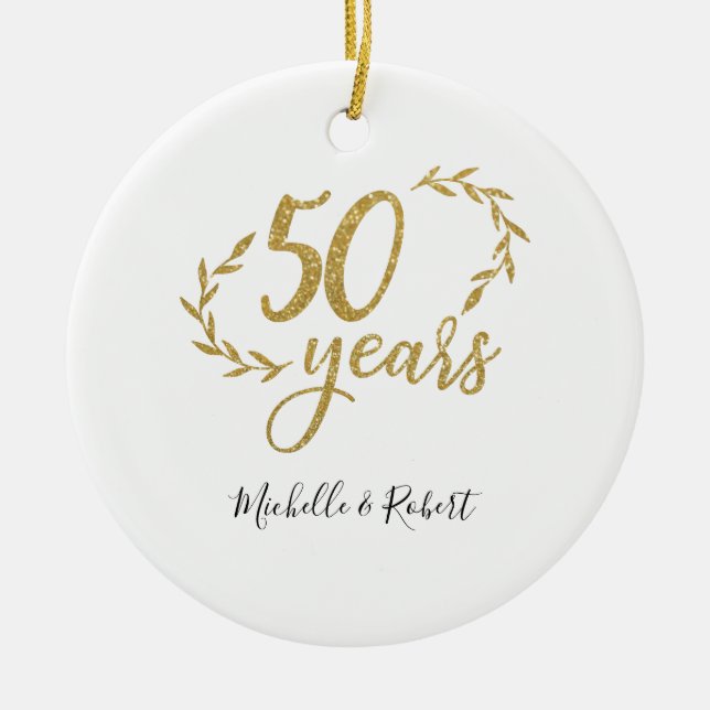 50 years wedding anniversary gift gold glitter ceramic ornament (Front)