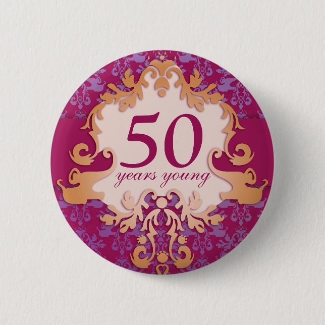 "50 years young" age damask elephant button/badge button (Front)