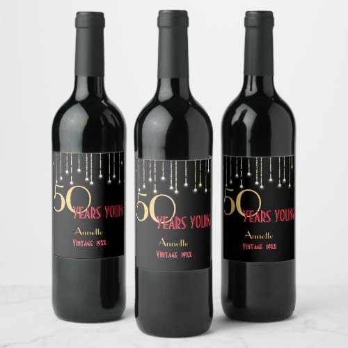 50 Years Young Red Gold Vintage Lights Elegant Wine Label