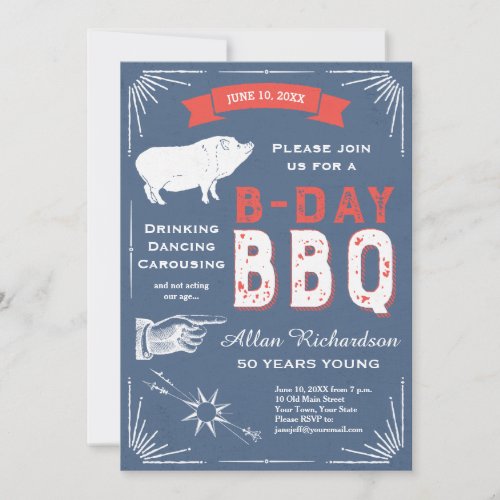 50 Years Young Retro Red White and Blue BBQ Party Invitation