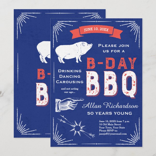 50 Years Young Retro Red White and Blue BBQ Party Invitation (Front/Back)