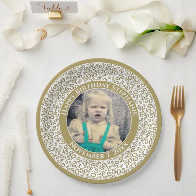 50 Your Photo Random Number Pattern Gold/White Paper Plates (Wedding)