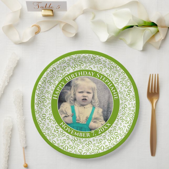 50 Your Photo Random Number Pattern Green/White Paper Plates (Wedding)