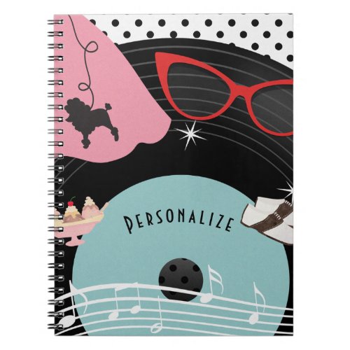 50s 1950s Record Retro Poodle Skirt  Glasses Notebook