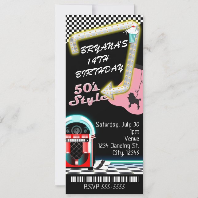 50's 1950's Style Theme Birthday Party Ticket Invitation (Front)