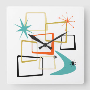 50s Atomic Squares Boomerang Starburst Mid Century Square Wall Clock