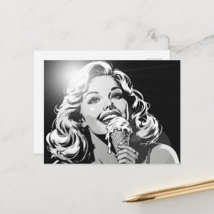 50s BW Graphic Comic Style Ice Cream Blonde Postcard