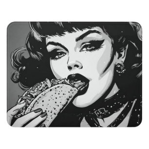 50s BW Graphic Style Goth Girl Eating a Taco Door Sign