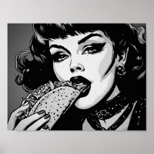 50s BW Graphic Style Goth Girl Eating a Taco Poster
