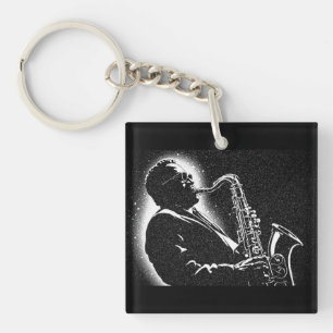 50s BW Graphic Style Saxophone Player Keychain