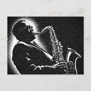 50s BW Graphic Style Saxophone Player Postcard