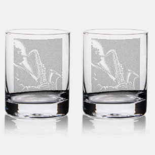50s BW Graphic Style Saxophone Player Rocks Glass