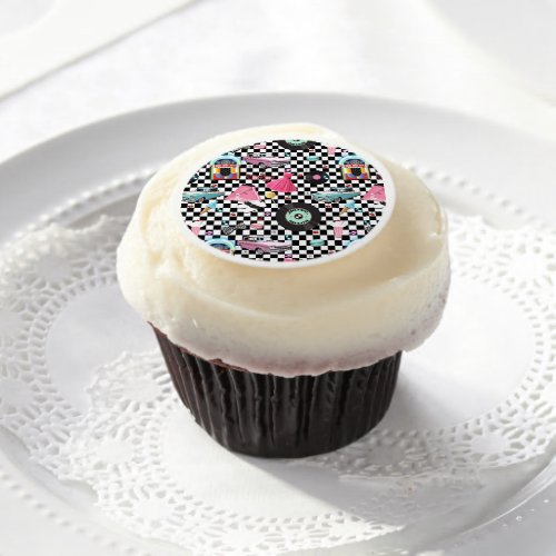 50s Checkered Pattern Retro Vintage Party Edible Frosting Rounds