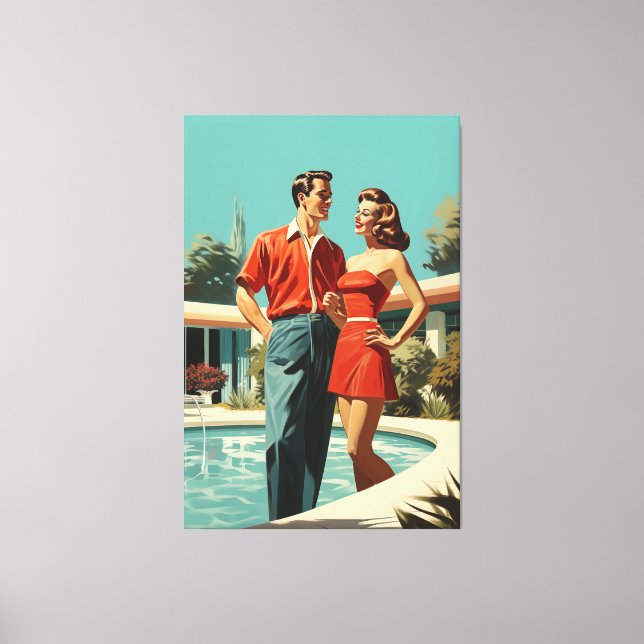 50s Couple By The Pool Canvas Print (Front)