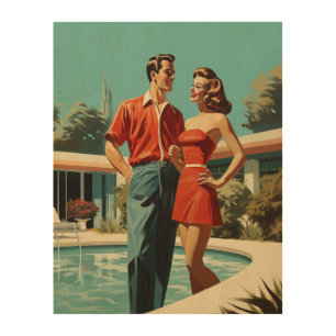 50s Couple By The Pool Wood Wall Art
